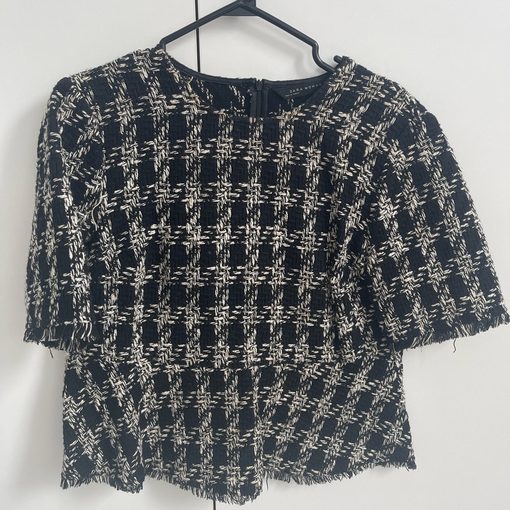 Beautiful black + white tweed shirt from Zara.